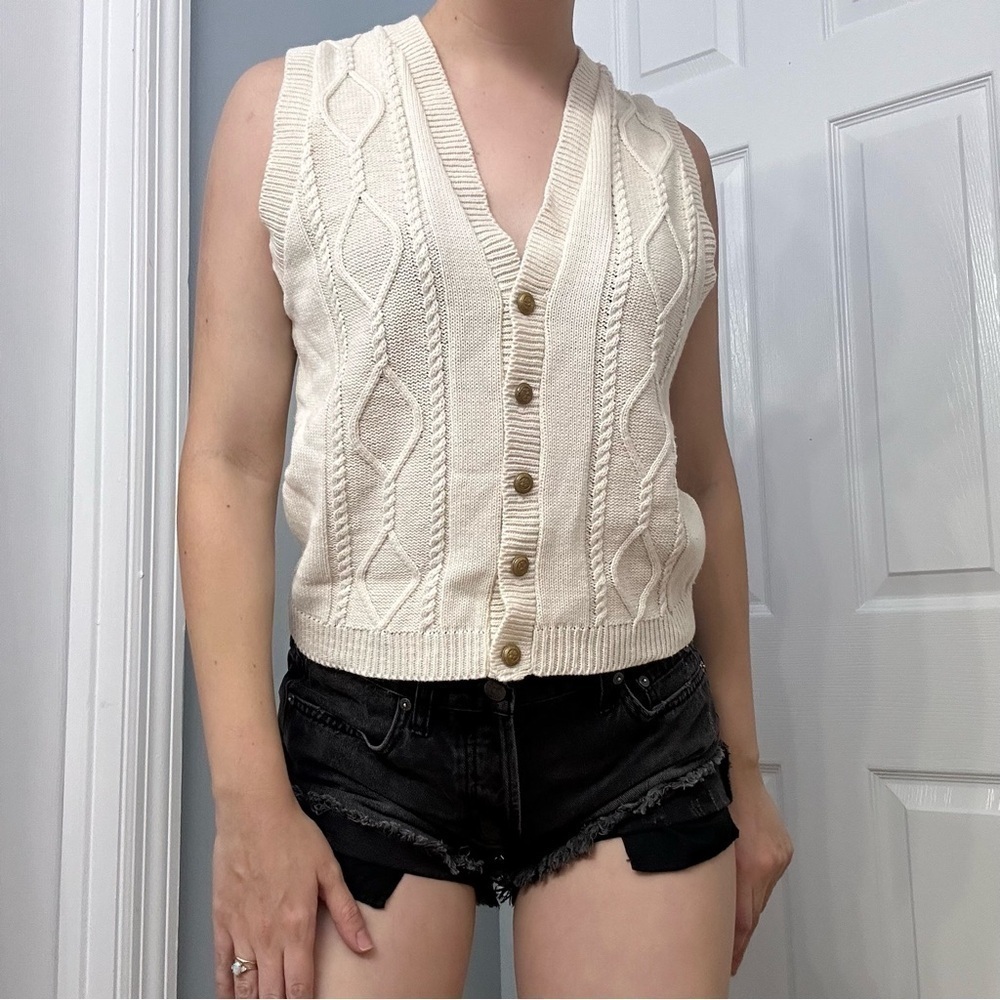 Vintage Vest Knit Button Up Sleeveless White Cream Neutral Whimsigoth Size Small